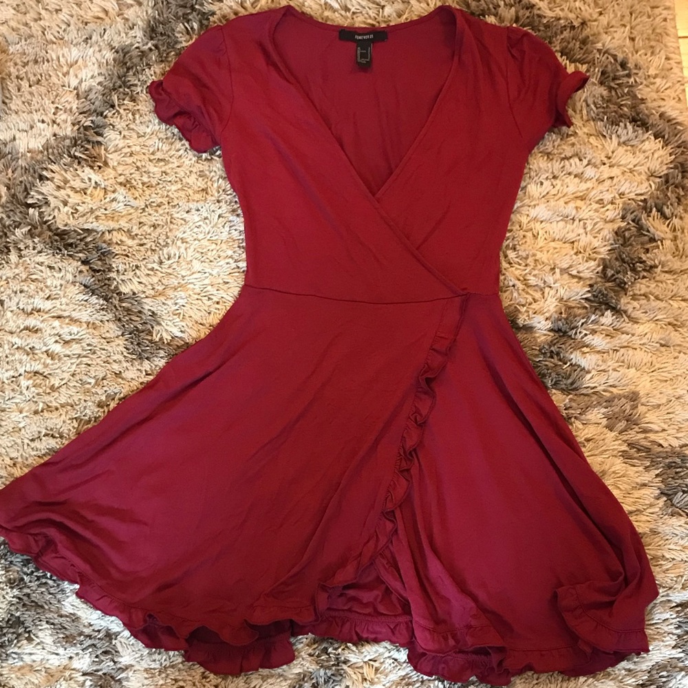 The Most ADORABLE Maroon Ruffle Wrap Dress